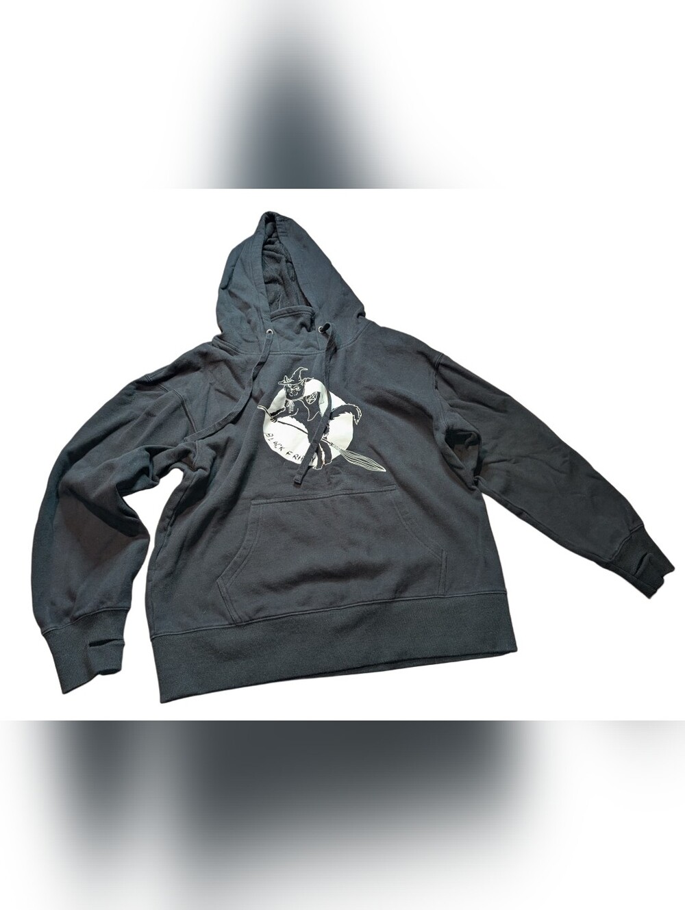 Black Graphic Pullover Hoodie with Witch Illustration